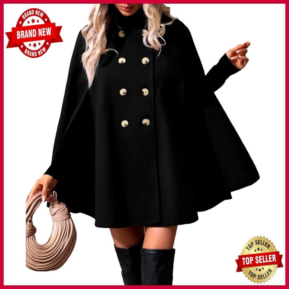 Wool Blend Cape Coat with Slit Sleeves Double Breasted Vintage Style